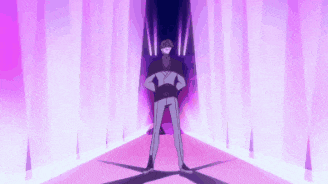 a man in a suit and tie is standing in a room with purple lights .
