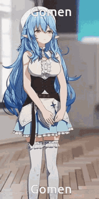 a girl with blue hair is standing in a room with the word gomen written above her