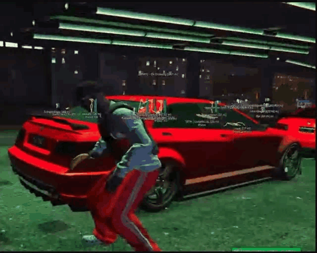 a man in red pants is standing in front of a red car in a video game .