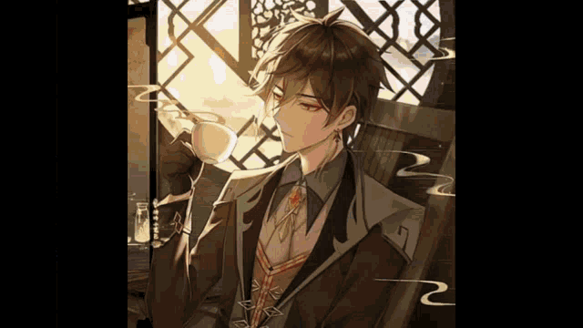 a man in a suit and tie is sitting in a chair holding a cup of coffee .