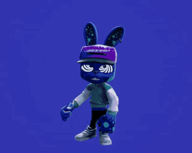 a blue bunny wearing a purple hat that says " vibrations "