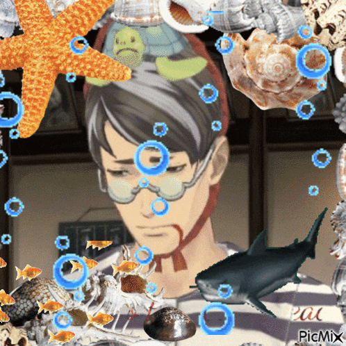 a picture of a man surrounded by seashells and a shark with picmix written on the bottom