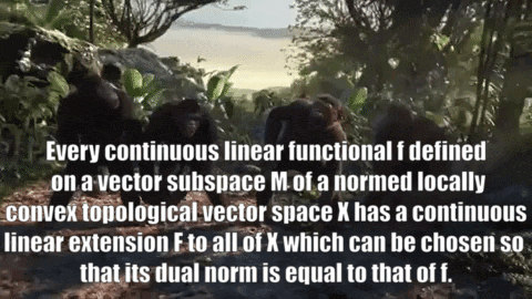 a group of chimpanzees are walking through a forest with a caption that says every continuous linear functional f