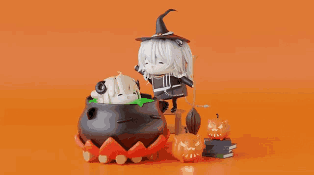 a witch is standing next to a cauldron with a sheep inside of it .
