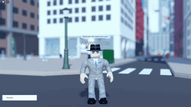 a video game character named mayor jones is standing on the street