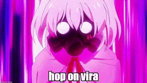 a girl with a gas mask on her face and the words `` hop on vira '' above her .
