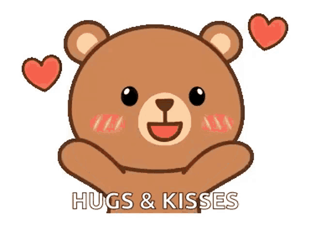 a teddy bear is hugging and kissing with two hearts around it .