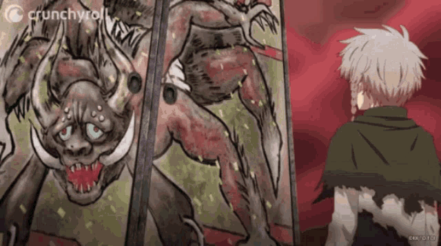 a man looking at a monster in a crunchyroll advertisement