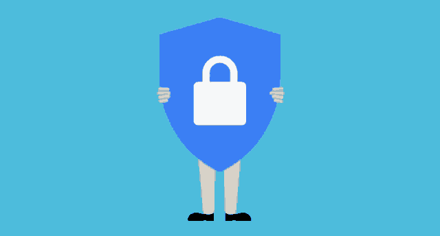 a blue shield with a padlock on it covering a person 's face