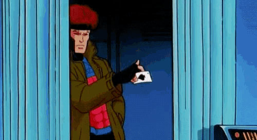 a cartoon character is standing in a doorway holding a card in his hand .