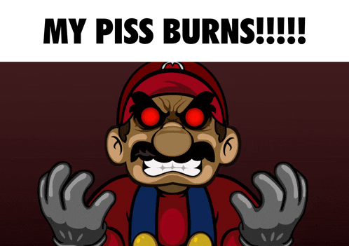 a poster of a cartoon character with red eyes and the words my piss burns