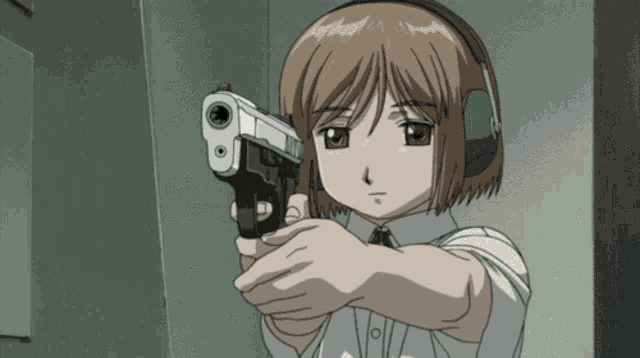 a girl with headphones on is holding a gun