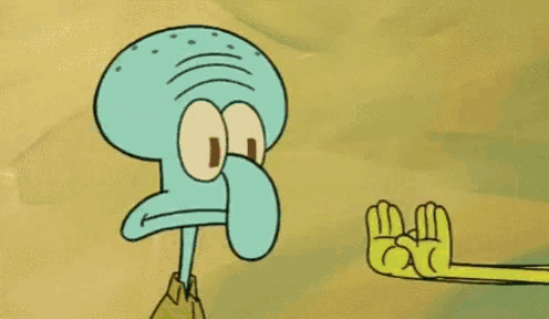 squidward from spongebob squarepants is standing next to a rainbow and a yellow hand .