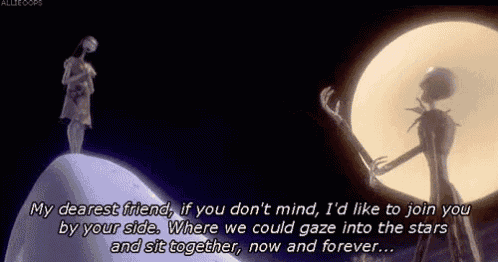 a nightmare before christmas scene with jack and sally standing next to each other .
