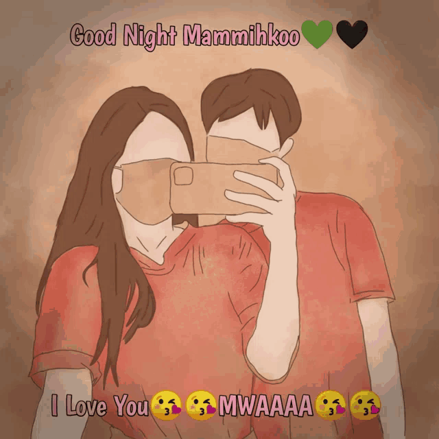a drawing of a man and a woman taking a selfie with the words good night mammihkoo