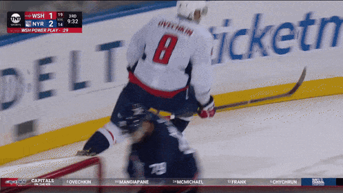 a hockey player with the number 8 on his jersey stands on the ice