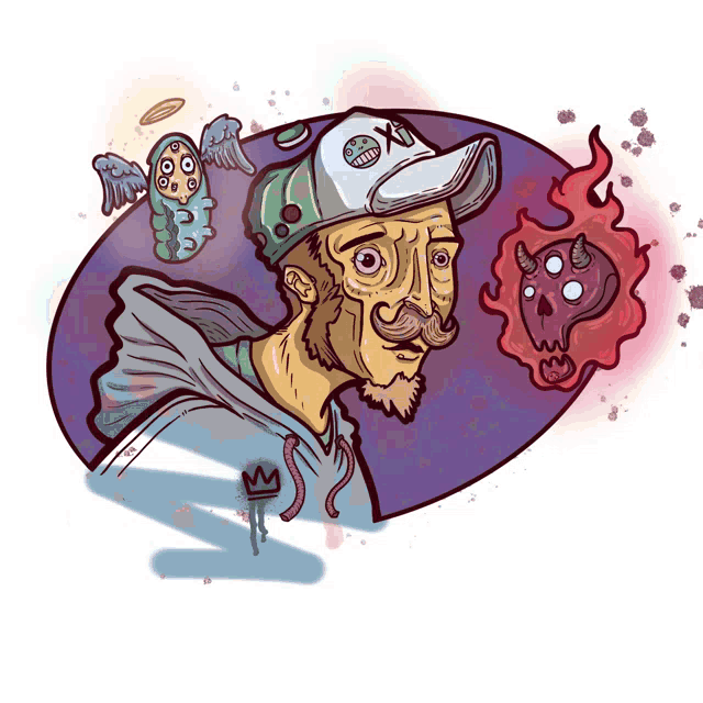 a cartoon drawing of a man wearing a hat with a smiley face