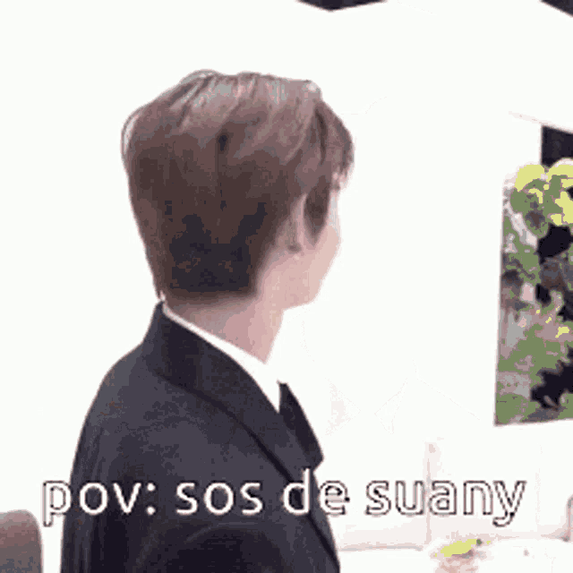 a man in a suit and tie is standing in front of a white wall and says pov : sos de suany .