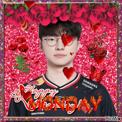 a picture of a man with hearts in his eyes and the words happy monday on the bottom