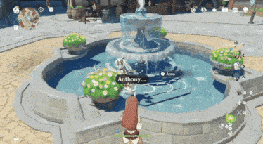 anthony is talking to anna in front of a fountain in a video game