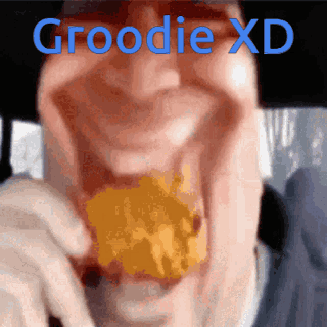 a close up of a person 's face with the words groodie xd written on it