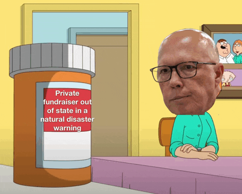 a cartoon of a man sitting at a table next to a pill bottle that says private fundraiser out of state