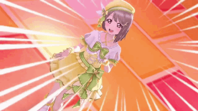 a girl in a yellow and green dress is covering her mouth .
