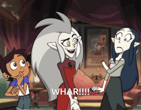three cartoon characters are standing next to each other and one of them has the word whar on her face