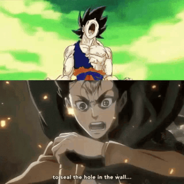 a cartoon of goku screaming next to a cartoon of a man saying to seal the hole in the wall