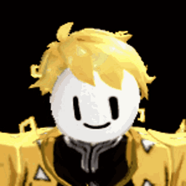 a cartoon character with a white face and yellow hair is smiling .