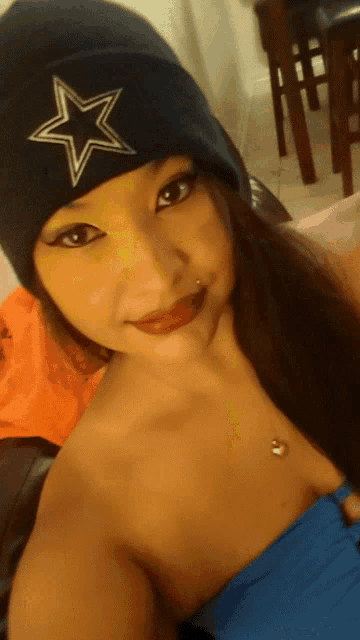 a woman wearing a black beanie with a silver star on it