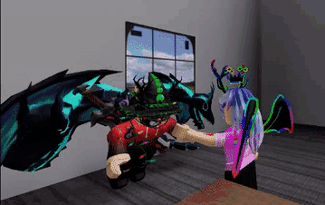 a girl with a crown on her head is standing next to a dragon in a room