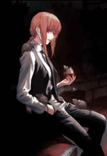a woman in a suit and tie is holding a glass of wine and says good nig on the bottom