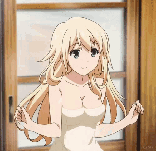 a blonde anime girl with a white towel around her waist