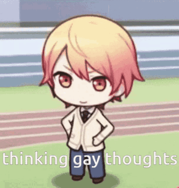 a cartoon character is standing on a track with his hands on his hips and the words thinking gay thoughts above him .
