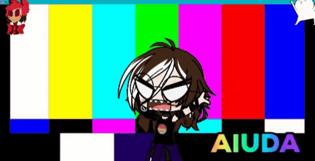 a cartoon character is standing in front of a colorful background with the word ajuda in the lower right corner
