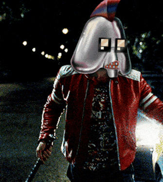 a man in a red jacket with a mask on his face holds a bat