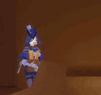 a cartoon character with horns is sitting in a box in a dark room .