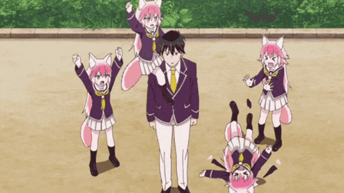 a group of anime characters including a man and two girls