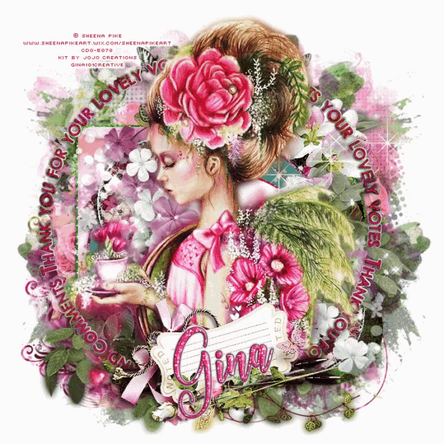 a girl with flowers in her hair is holding a cup of tea and a note that says gina