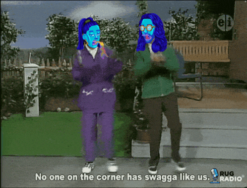 a cartoon of two people dancing with the words no one on the corner has swagga like us on the bottom