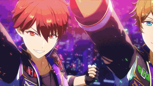 a couple of anime characters are holding hands and smiling