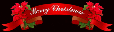 a red banner that says merry christmas with poinsettia flowers