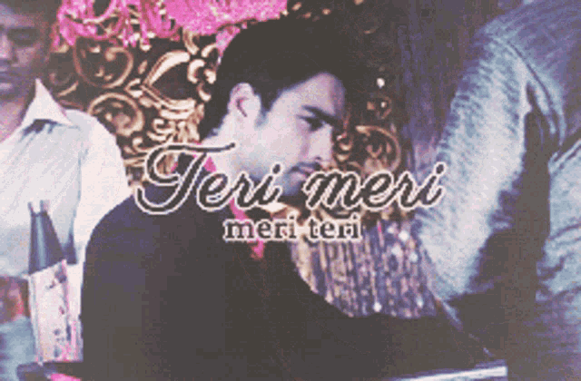 a man playing a piano with the words " teri meri meri teri " written above him