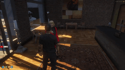 a woman in a red coat is being held by a man in a black shirt in a video game