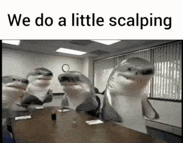 a group of stuffed sharks standing around a table with the words we do a little scalping