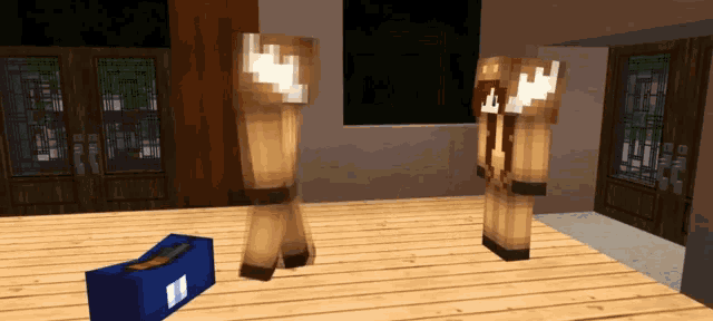two minecraft characters standing next to a blue box with the number 11 on it