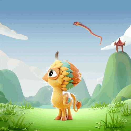 a cartoon drawing of a dragon flying over a unicorn
