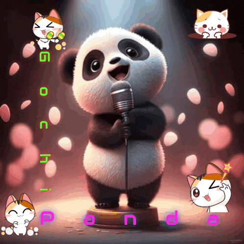 a panda bear is singing into a microphone with the words " good night " written on the bottom