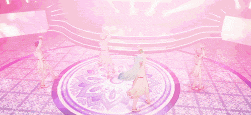 a group of anime characters are dancing on a stage with a purple background